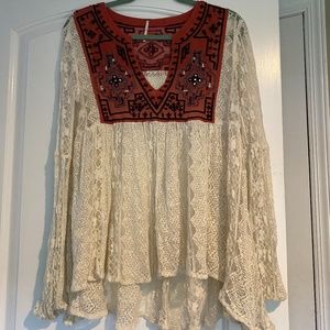FREE PEOPLE BOHO LACE EMBROIDERY FLOWY TOP